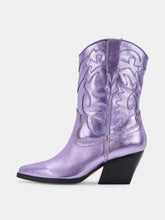 Metallic Purple Applique Pointy Slip-On Chunky Heeled Western Ankle Boots